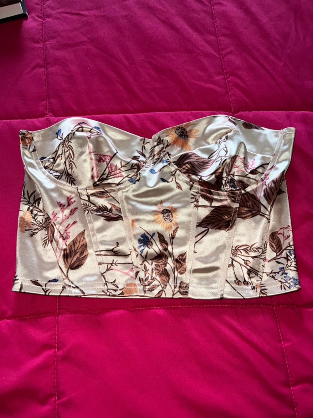 Floral Satin Corset Crop Top in Ivory and Brown